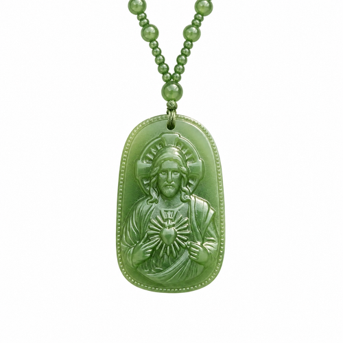 Collar de Sagrado Corazón de Jesús - Dije de Vidrio de Alta Calidad (Verde Jade / Negro Obsidiana)