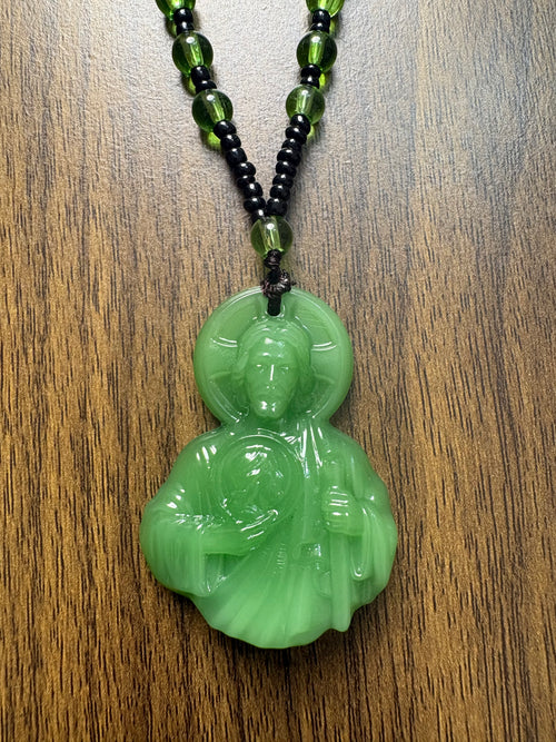 Collar con Rosario de San Judas Tadeo - Dije de Vidrio Premium (Verde Jade / Negro Obsidiana)