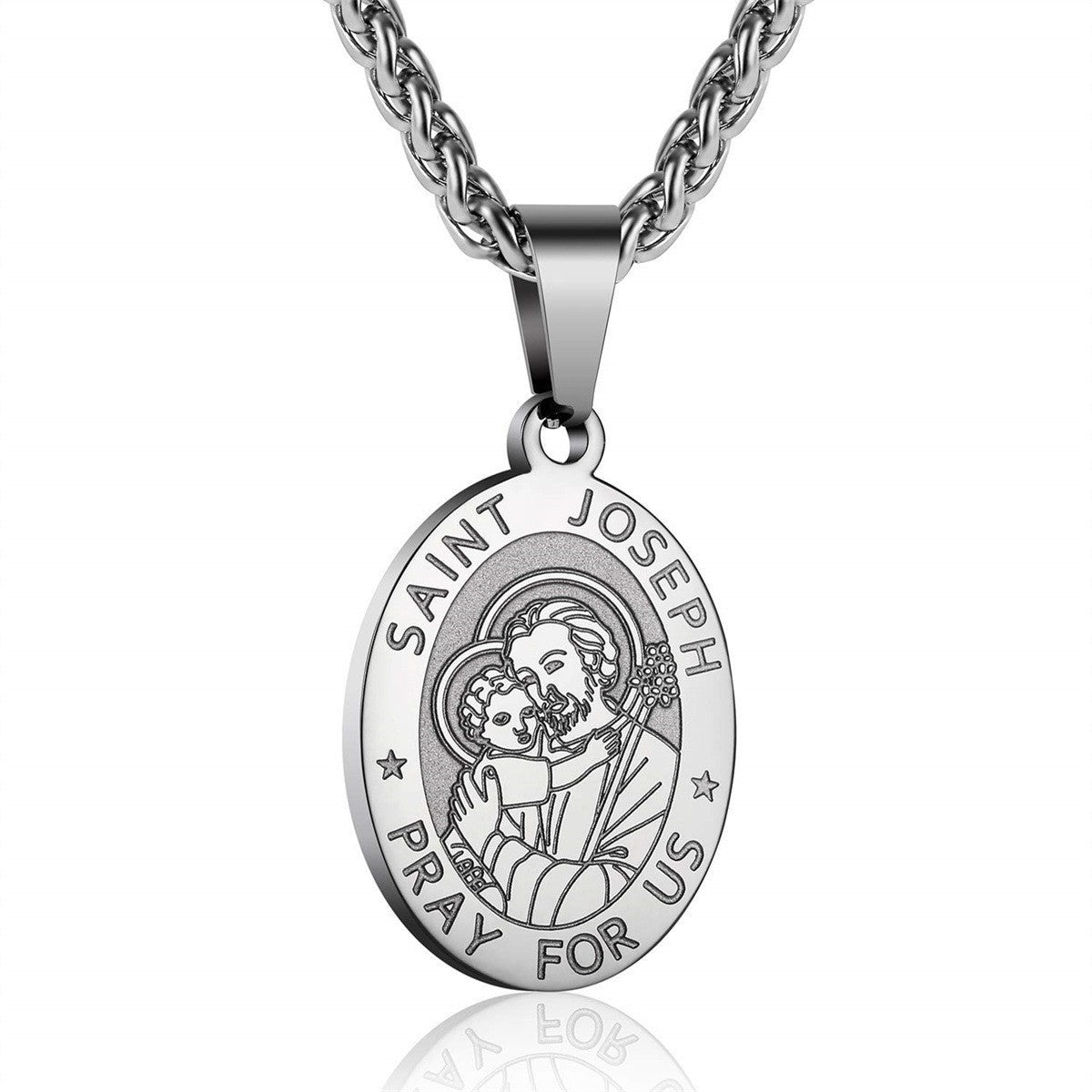 Saint Joseph Oval Pendant Necklace - Stainless Steel San José Religious Jewelry Wholesale for Mayoreo