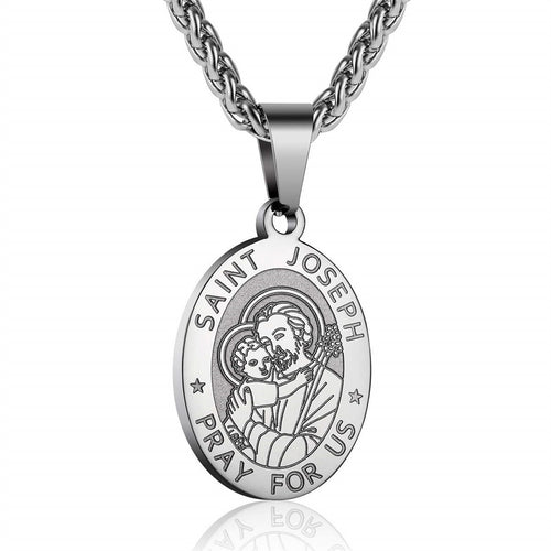 Saint Joseph Oval Pendant Necklace - Stainless Steel San José Religious Jewelry Wholesale for Mayoreo