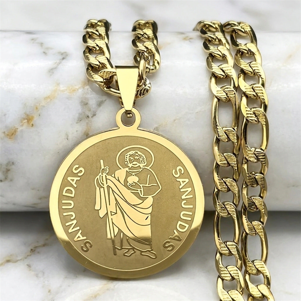 San Judas Round Pendant Necklace - Sturdy Stainless Steel Religious Pendant Wholesale for Mayoreo