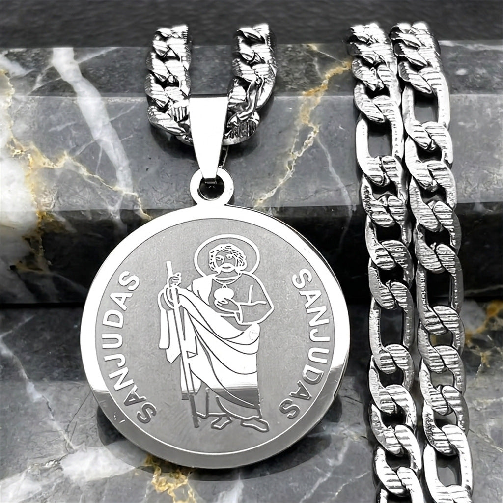San Judas Round Pendant Necklace - Sturdy Stainless Steel Religious Pendant Wholesale for Mayoreo