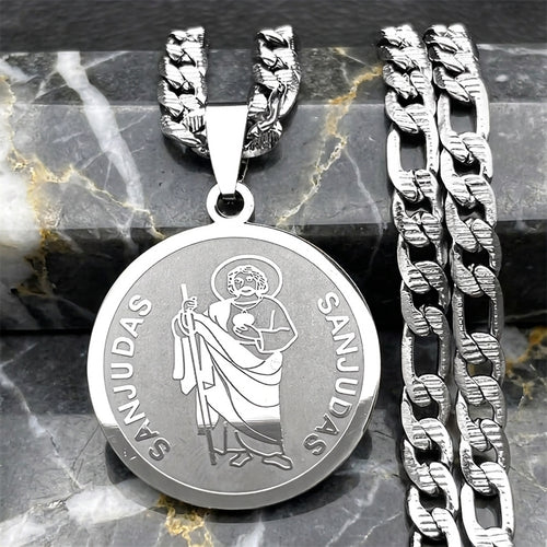 San Judas Round Pendant Necklace - Sturdy Stainless Steel Religious Pendant Wholesale for Mayoreo